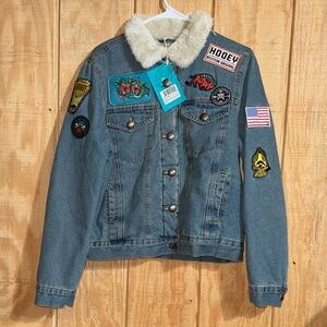 Hooey Women’s Blue Denim Fleece Lined Jacket with Patches and Indian Embroidery